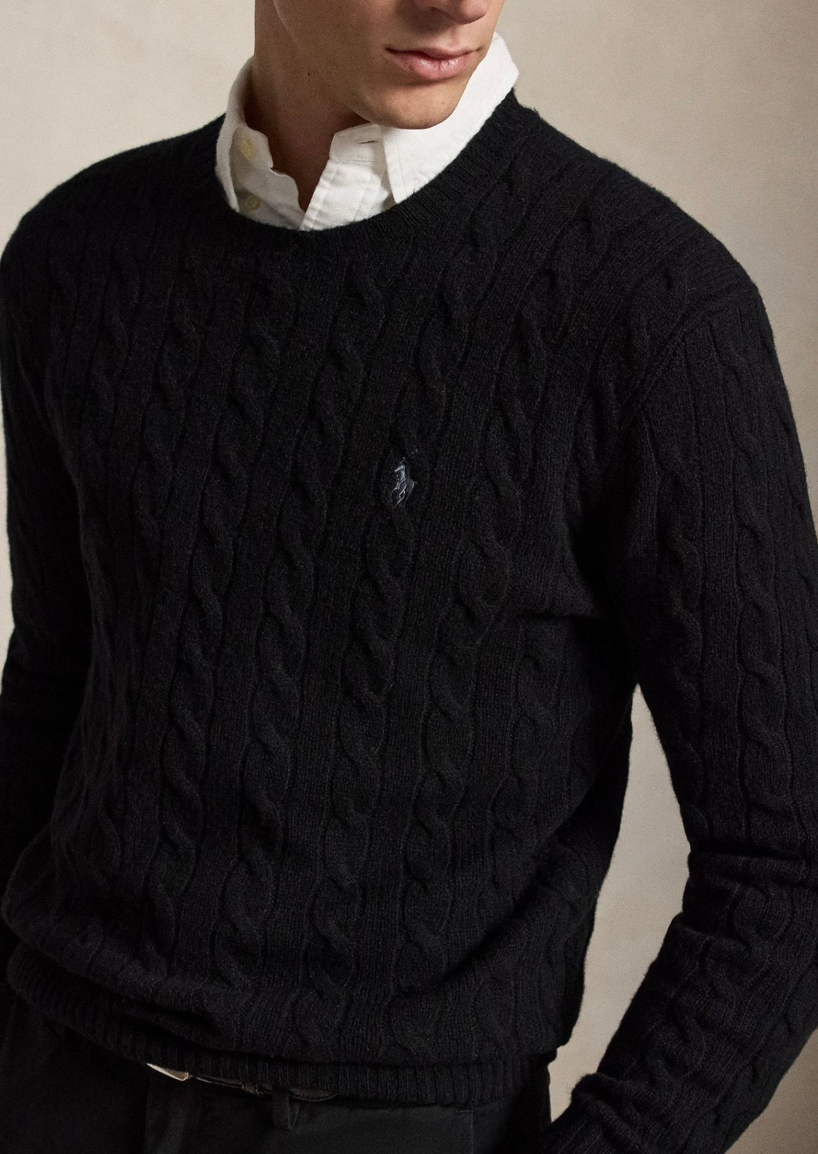 Ralph Lauren Wollpullover Strickpullover mit Zopfmuster schwarz Herren